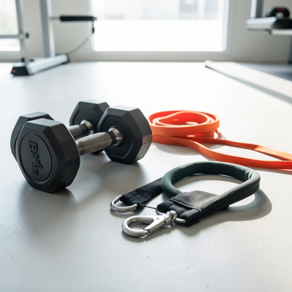 Weights and resistance band arranged on a clean gym surface in bright natural overhead light