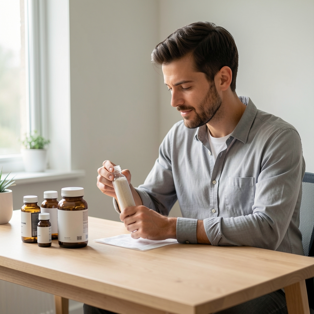 Man preparing morning supplement routine at a clean wooden desk, natural window light, minimal editorial composition